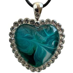 Handmade Teal and Green Fluid Art Heart Pendant Necklace by Svetlana Yeung